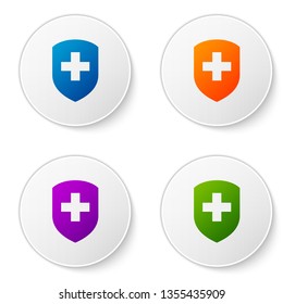 Color Medical shield with cross icon isolated on white background. Health protection concept. Safety badge icon. Privacy banner. Security label. Set color icon in circle buttons. Vector Illustration
