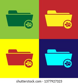 Color Medical veterinary record folder icon isolated on color backgrounds. Dog or cat paw print. Document for pet. Patient file icon. Vector Illustration