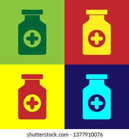 Color Medicine bottle icon isolated on color backgrounds. Bottle pill sign. Pharmacy design. Vector Illustration