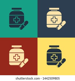 Color Medicine bottle and pills icon isolated on color background. Bottle pill sign. Pharmacy design. Vintage style drawing. Vector Illustration