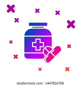 Color Medicine bottle and pills icon isolated on white background. Bottle pill sign. Pharmacy design. Gradient random dynamic shapes. Vector Illustration