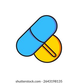 Color Medicine pill or tablet icon isolated on white background. Capsule pill and drug sign. Pharmacy design. Flat filled outline style with shadow. Vector