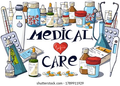 El conjunto de la medicina de color con elementos dibujados a mano. Ilustración del vector
