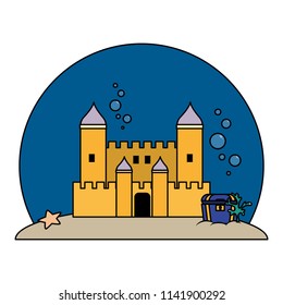 color medieval castle with coffer under water