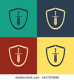 Color Medieval shield with sword icon isolated on color background. Vintage style drawing. Vector Illustration
