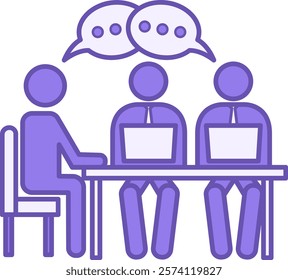 Color Meeting Icon. Vector Icon. Boss Holds Meeting with Employees. People Sit at the table, talking and working on laptops. Office Concept