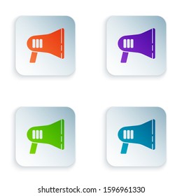 Color Megaphone icon isolated on white background. Loud speach alert concept. Bullhorn for Mouthpiece scream promotion. Set icons in square buttons. Vector Illustration