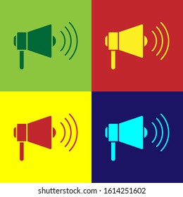 Color Megaphone icon isolated on color background. Loud speach alert concept. Bullhorn for Mouthpiece scream promotion.  Vector Illustration