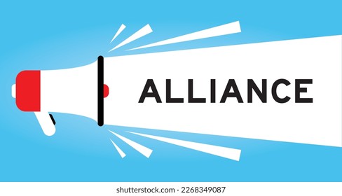 Icono de megáfono de color con alianza de palabras en banner blanco sobre fondo azul