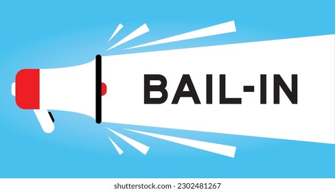 Color megaphone icon with word bail-in in white banner on blue background