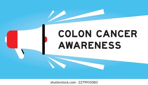 Color megaphone icon with word colon cancer awareness in white banner on blue background
