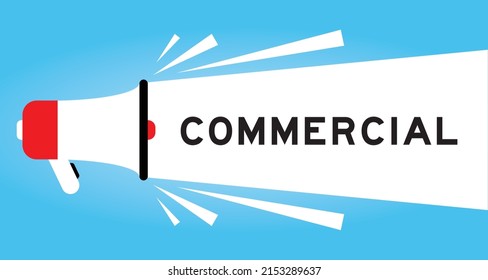 Color megaphone icon with word commercial in white banner on blue background