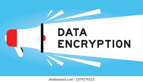 Icono de megáfono de color con cifrado de datos de palabra en banner blanco sobre fondo azul