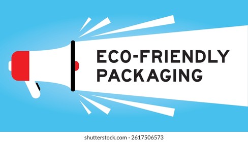 Color megaphone icon with word eco friendly packaging in white banner on blue background