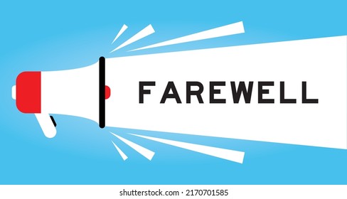 Color megaphone icon with word farewell in white banner on blue background