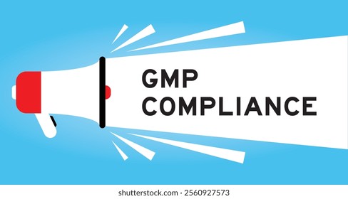 Color megaphone icon with word GMP (Good manufacturing practice) compliance in white banner on blue background