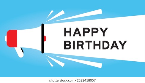 Color megaphone icon with word happy birthday in white banner on blue background