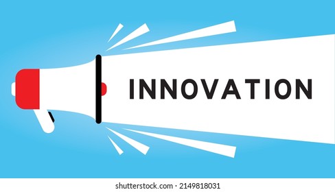 Color megaphone icon with word innovation in white banner on blue background