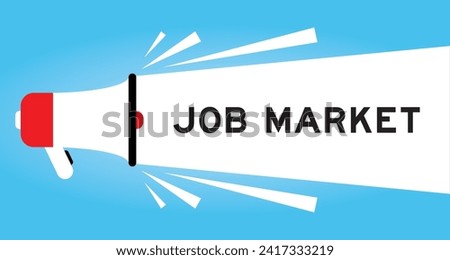 Color megaphone icon with word job market in white banner on blue background