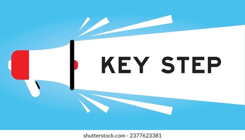 Color megaphone icon with word key step in white banner on blue background