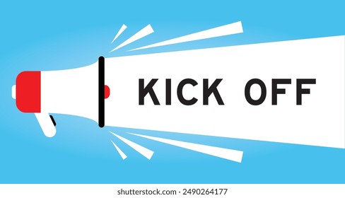 Color megaphone icon with word kick off in white banner on blue background