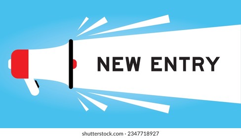 Color megaphone icon with word new entry in white banner on blue background