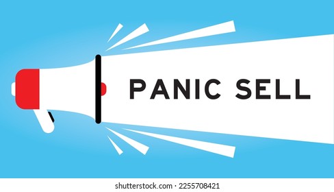 Color megaphone icon with word panic sell in white banner on blue background