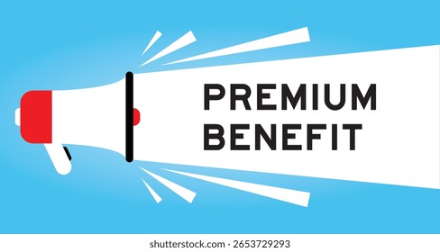 Ícone de megafone colorido com benefício de palavra premium em banner branco sobre fundo azul