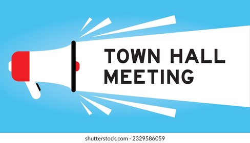 Color megaphone icon with word town hall meeting in white banner on blue background