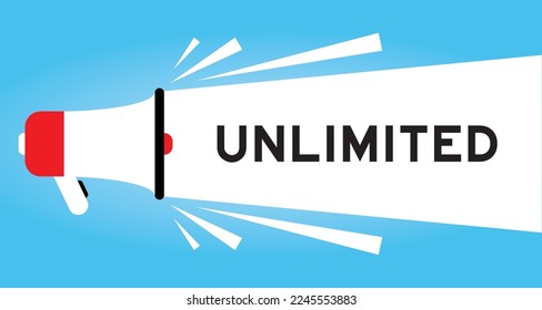 Color megaphone icon with word unlimited in white banner on blue background