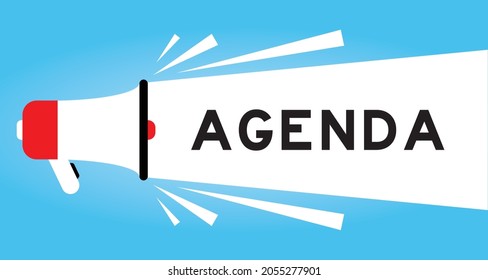 Color megphone icon with word agenda in white banner on blue background