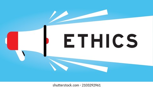 Color megphone icon with word ethics in white banner on blue background