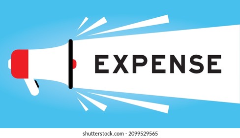 Color megphone icon with word expense in white banner on blue background