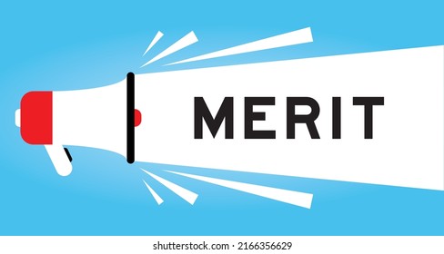 Color Megphone Icon With Word Merit In White Banner On Blue Background