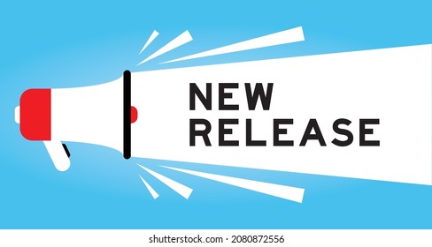 Color megphone icon with word new release in white banner on blue background - Shutterstock ID 2080872556