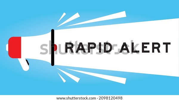 Color megphone icon with word rapid alert in
white banner on blue
background