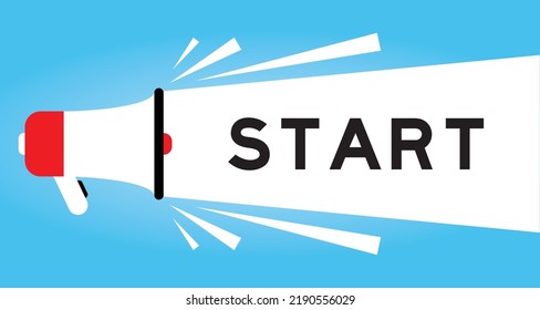 Color megphone icon with word start in white banner on blue background