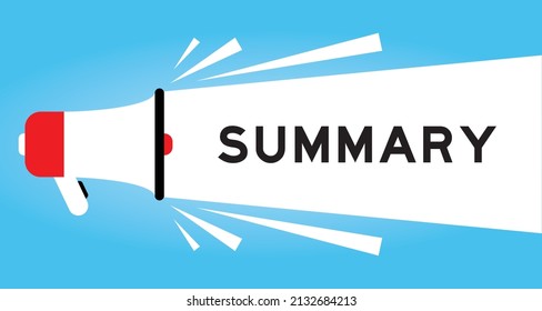 Color megphone icon with word summary in white banner on blue background