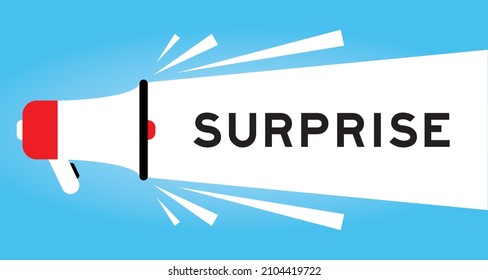Color megphone icon with word surprise in white banner on blue background