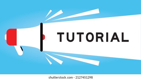 Color megphone icon with word tutorial in white banner on blue background