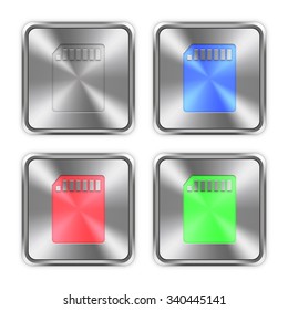 Color memory card icons engraved in glossy steel push buttons. Well organized layer structure, color swatches and graphic styles.