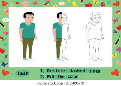 Color the Men, Restore dashed lines. Color the picture elements. Page to be color fragments. 