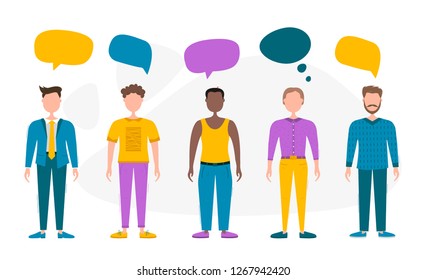 Color men with speech bubbles. Different faceless people