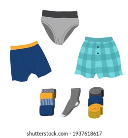 Color men's underwear. Pants and socks stacked in pile.  Illustration in flat style isolated on white background. It can be used as icon or design element.