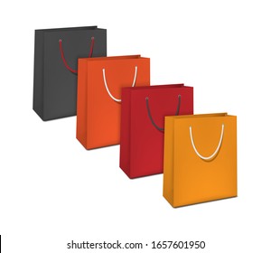 Color merchandise bags with handles, realistic vector illustration. Blank paper shopping gift package.