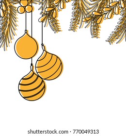 color merry christmas balls with branches leaves