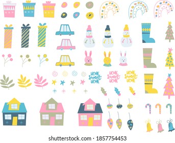 Color of Merry Christmas design elements.  Vector clip art in doodle style outline drawing isolated on white background