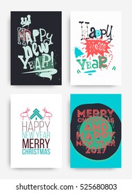Color Merry Christmas and Happy New Year greeting card set. Vector holiday illustration