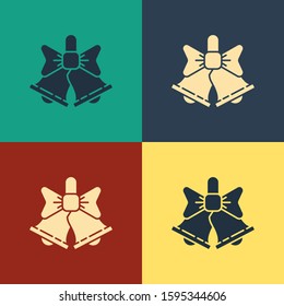 Color Merry Christmas ringing bell icon isolated on color background. Alarm symbol, service bell, handbell sign, notification. Vintage style drawing. Vector Illustration