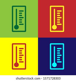 Color Meteorology thermometer measuring heat and cold icon isolated on color background. Thermometer equipment showing hot or cold weather.  Vector Illustration